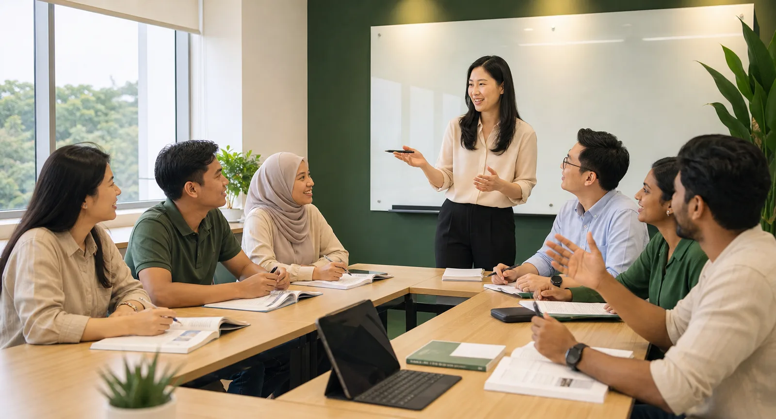 A Korean teacher leading a multicultural adult group class
