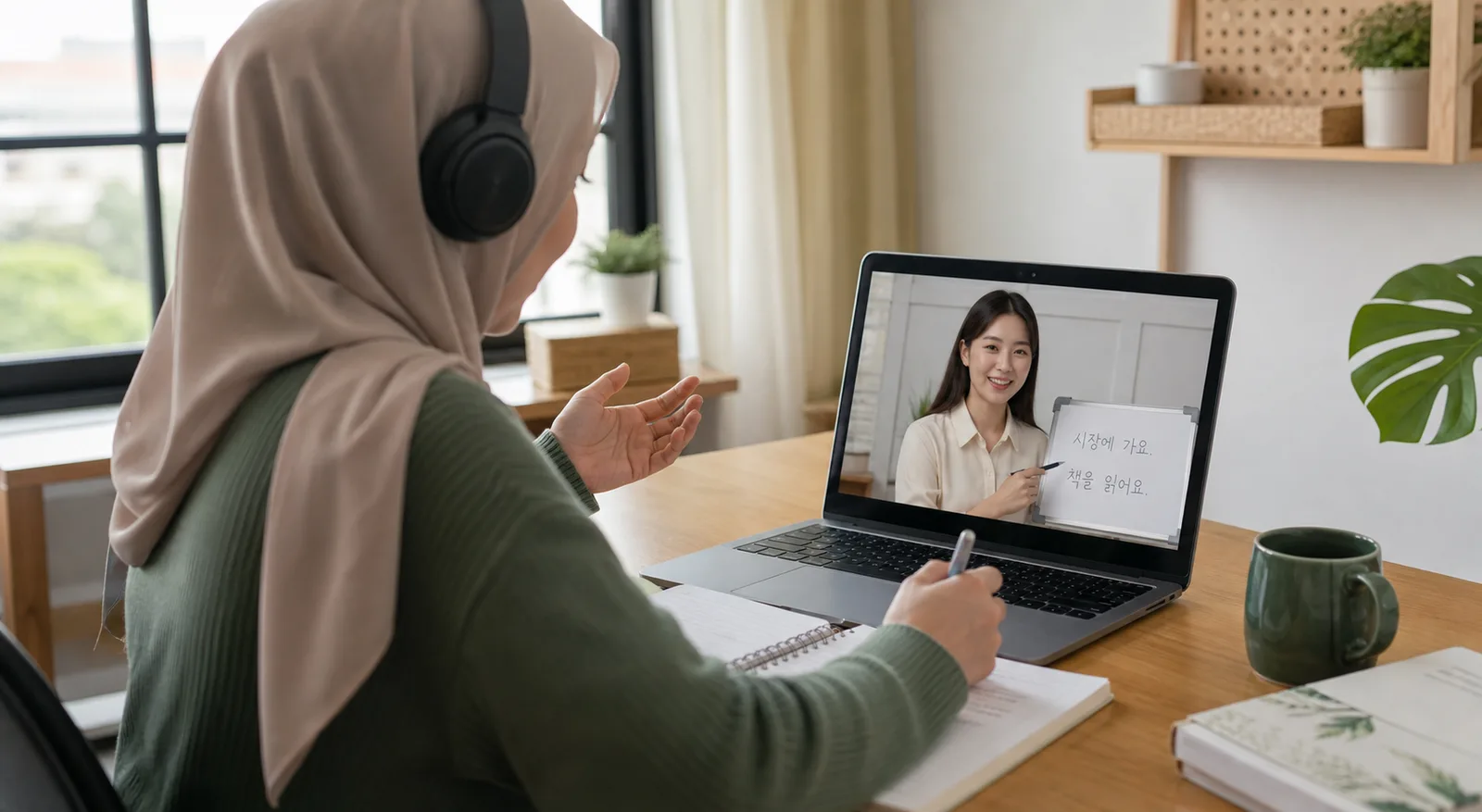 An adult student studying one-to-one with a Korean teacher by video