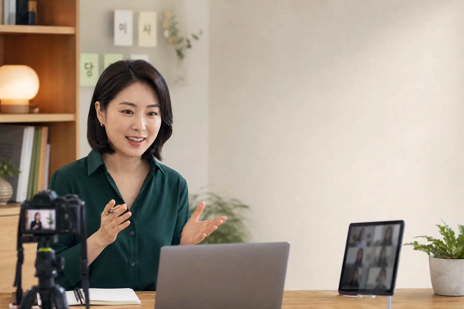 A professional language instructor recording an online class