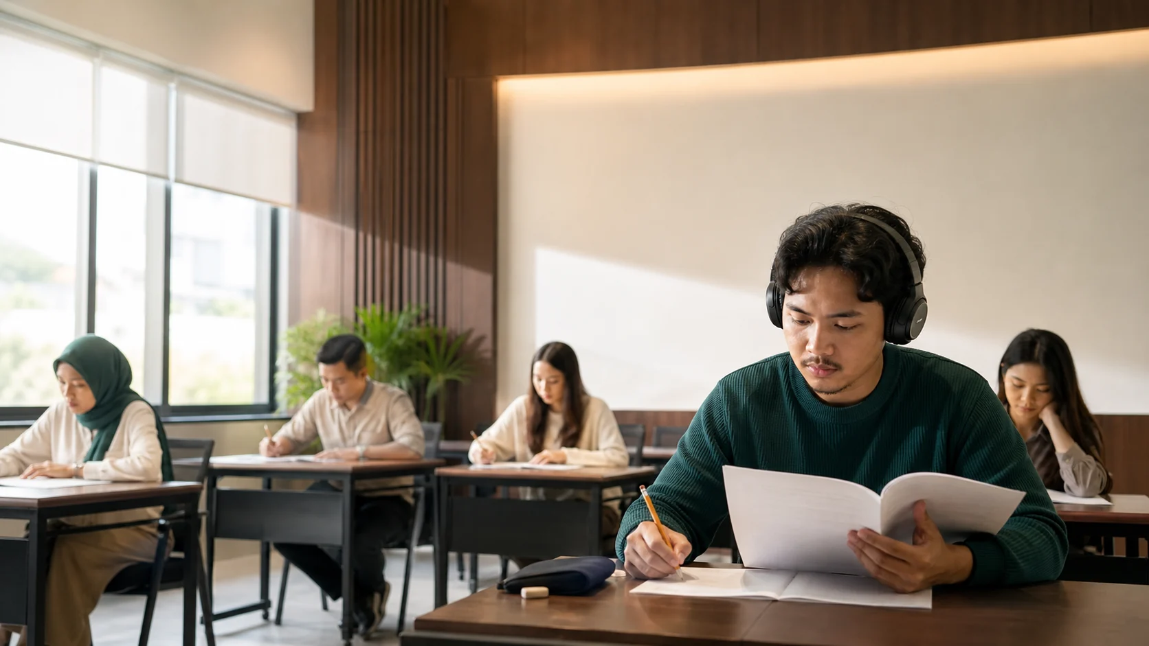 Adult learners taking a focused Korean proficiency practice test in a modern exam room
