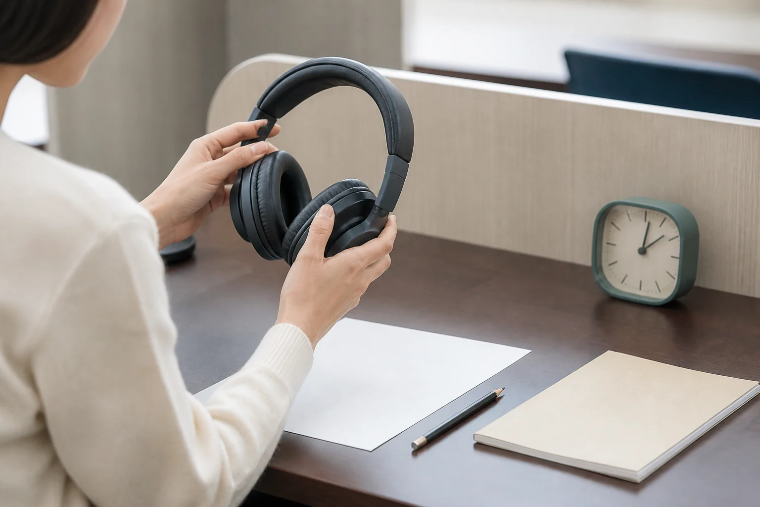 Learner checking over-ear headphones before a Korean listening practice test