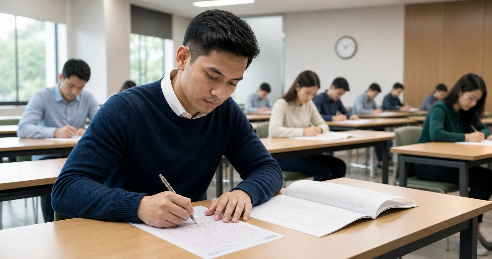 Candidate completing a paper-based Korean proficiency practice test in an exam room