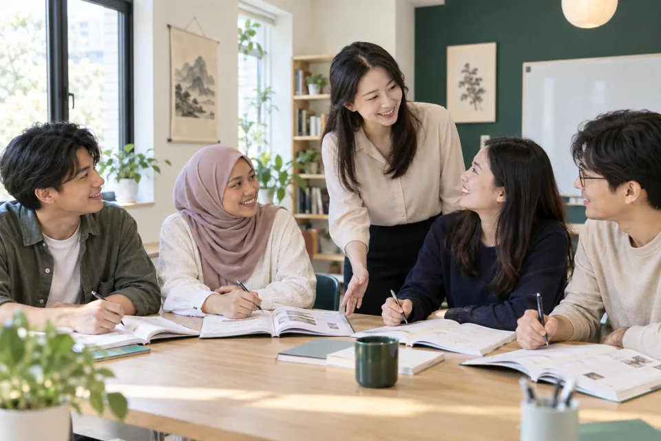 Pelajar dewasa antarabangsa belajar bahasa Korea bersama