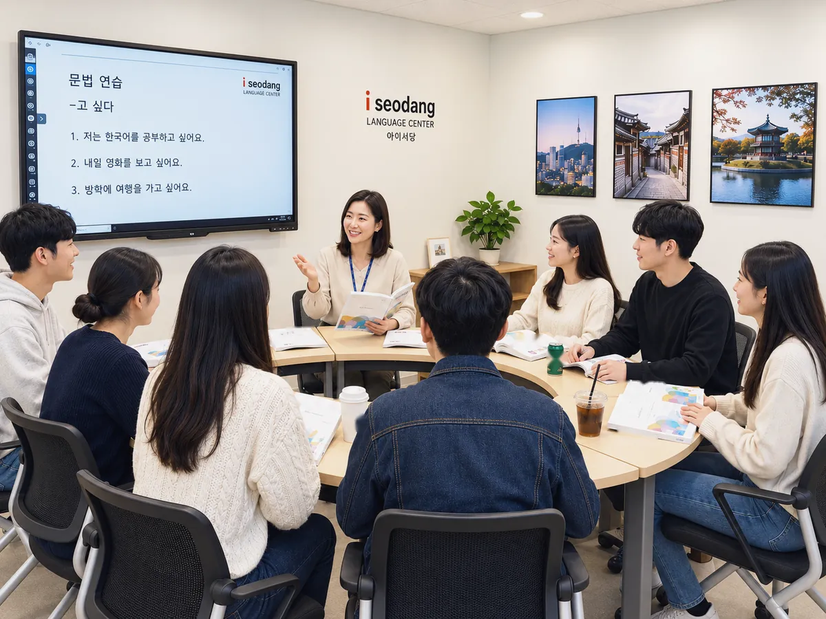 Korean teacher leading a small-group grammar class