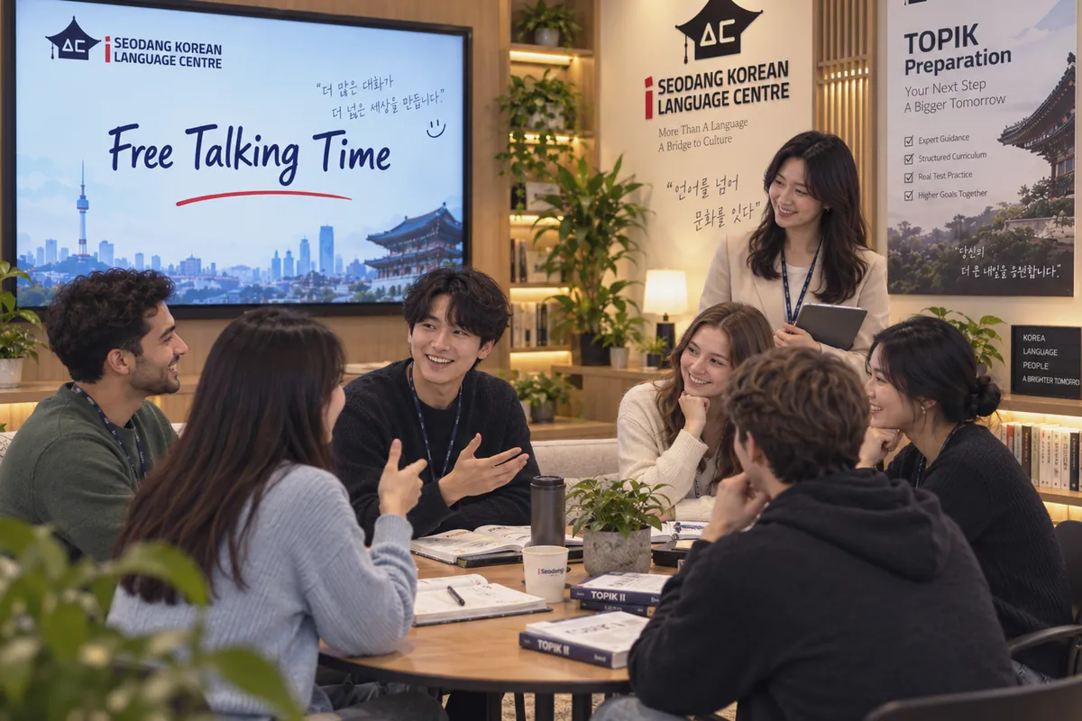 Students practising Korean conversation with their teacher