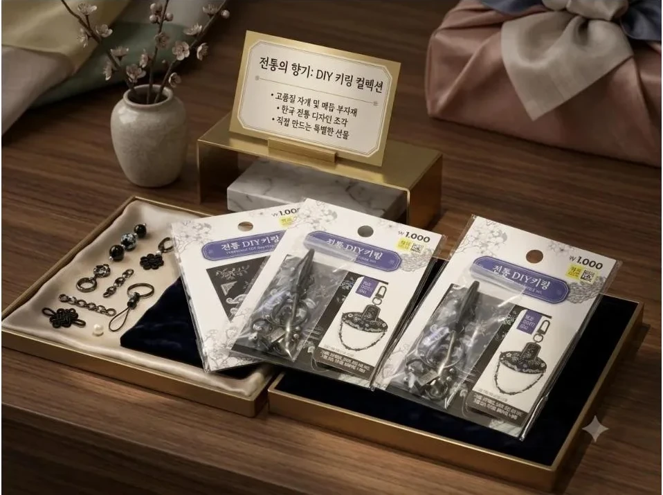한국 전통 DIY 키링 키트 — 자개와 매듭 부자재가 담긴 패키지