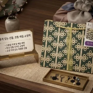 한국 전통 매듭 문양 쇼핑백 — 딥그린 바탕에 금색 매듭 패턴과 리본 장식