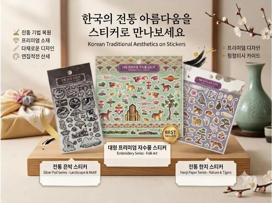 한국 전통 스티커 3종 — 은박 스티커, 대형 자수풍 민화 스티커, 한지 호랑이 스티커