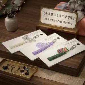 한국 전통 키링 컬렉션 — 나비, 청화백자, 색동 문양 태슬 키링 3종