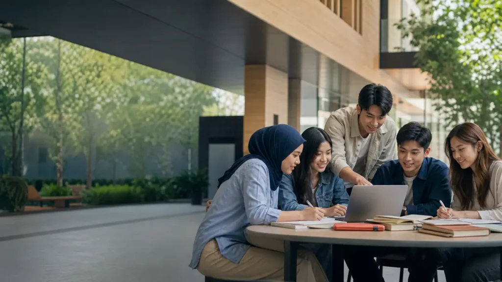 Students studying together on a university campus