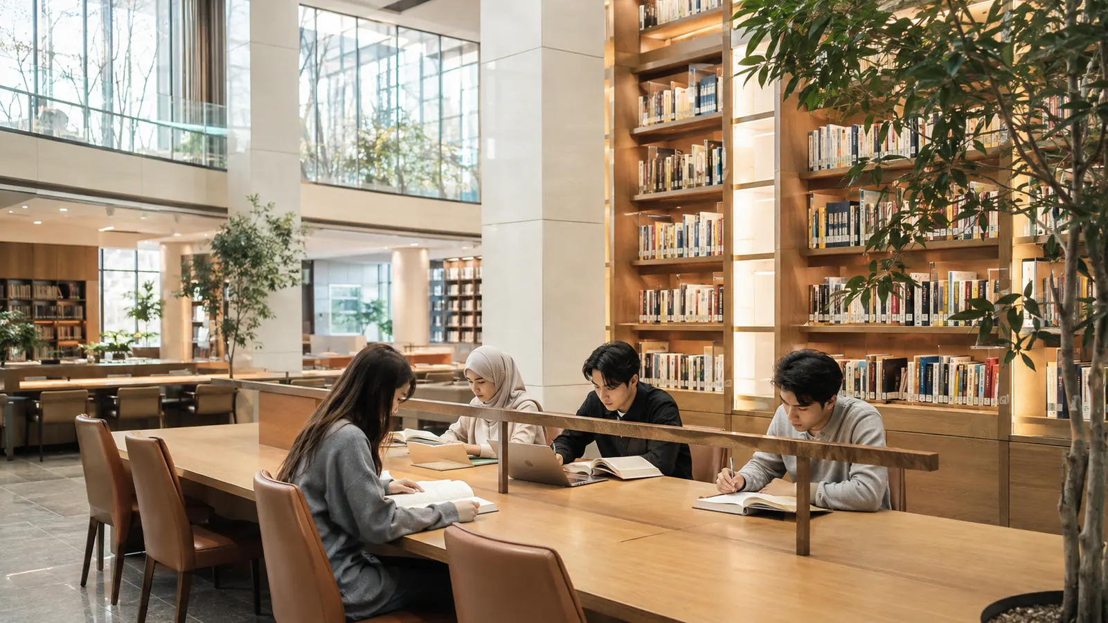 International students studying together in a bright Korean university library