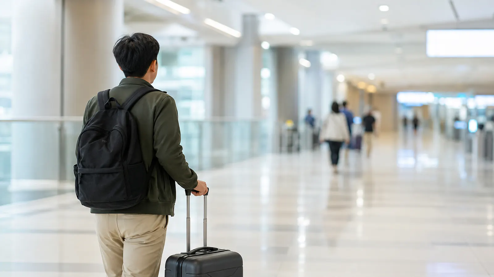 International student arriving at a Korean airport with luggage