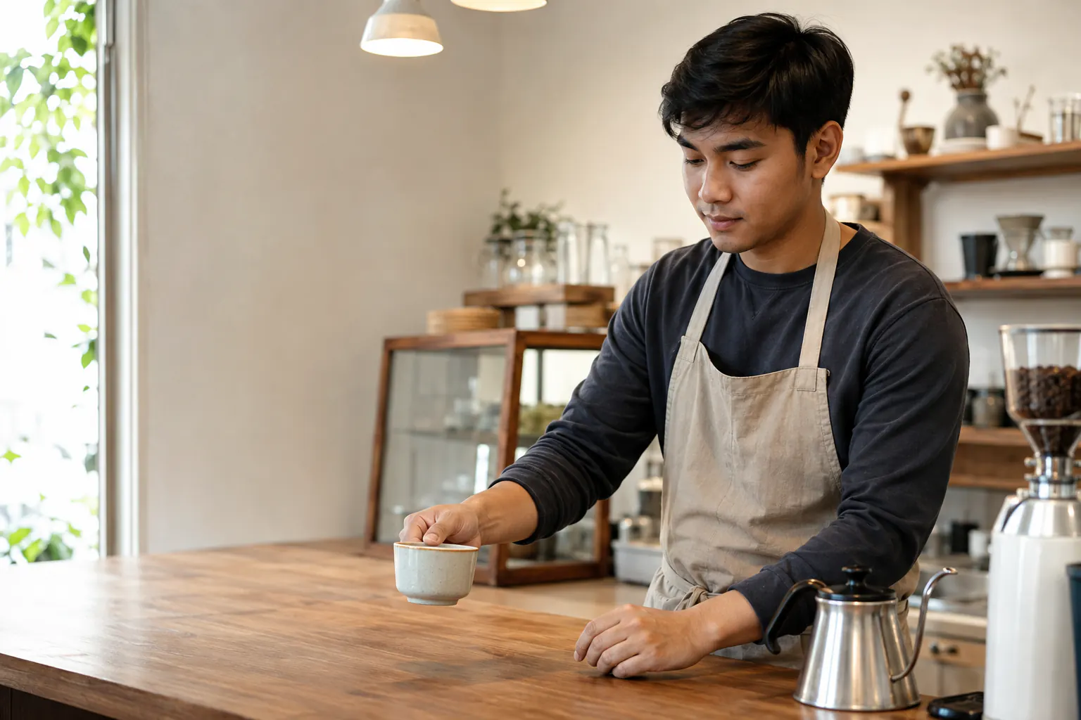 International student studying in a calm Korean cafe