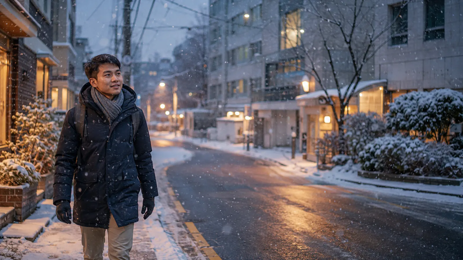 International students walking through a snowy Korean university campus