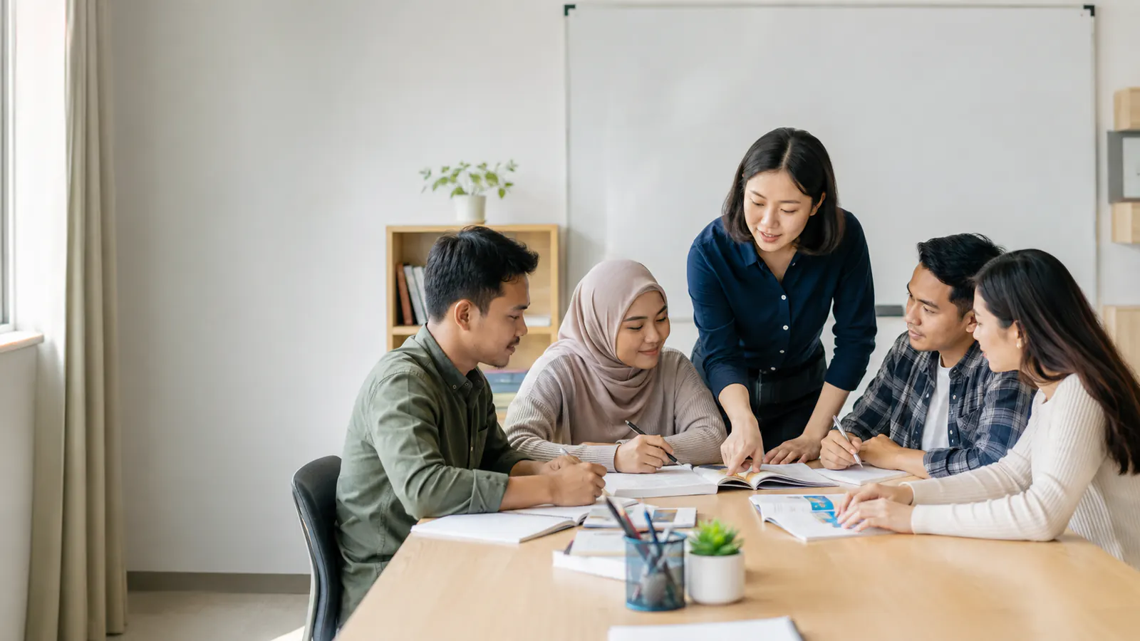 Korean language adviser helping an international student in a classroom