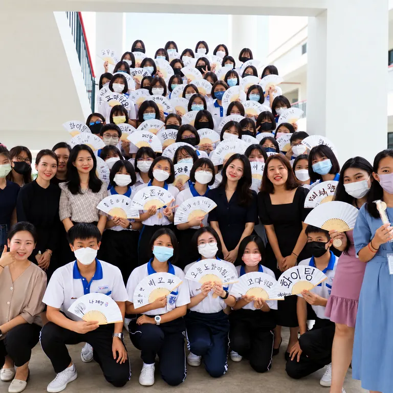 Secondary school students holding hand-written Korean fans at an iSeodang culture programme