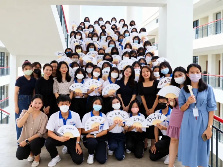 Secondary school students holding hand-written Korean flashcards