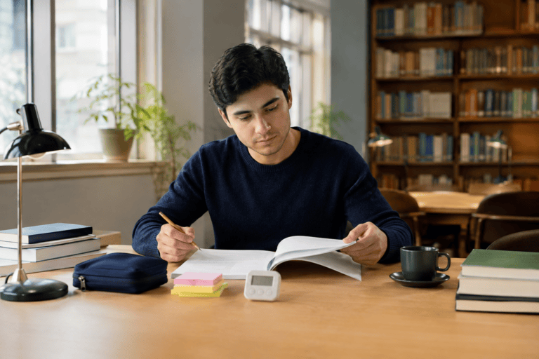 Student reading a Korean textbook while preparing for TOPIK